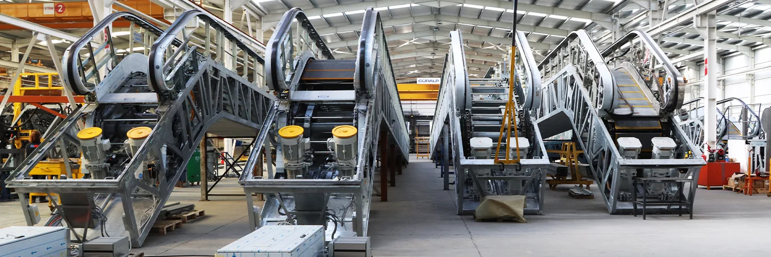 Escalators lined up in the AKE factory